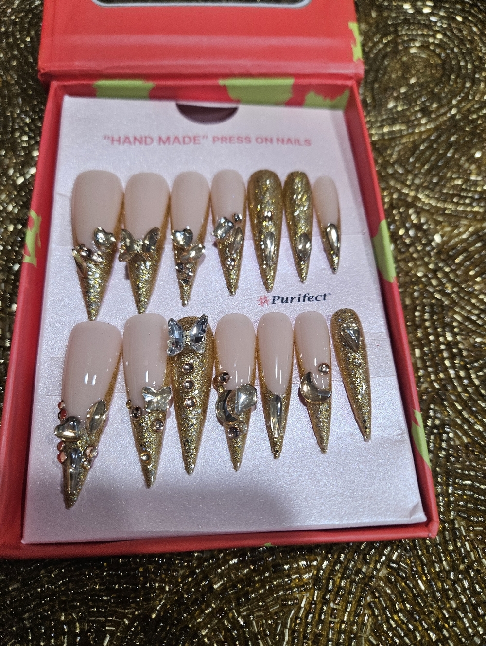 Nude & Gold Stiletto Press-On Nails with Rhinestone Embellishments